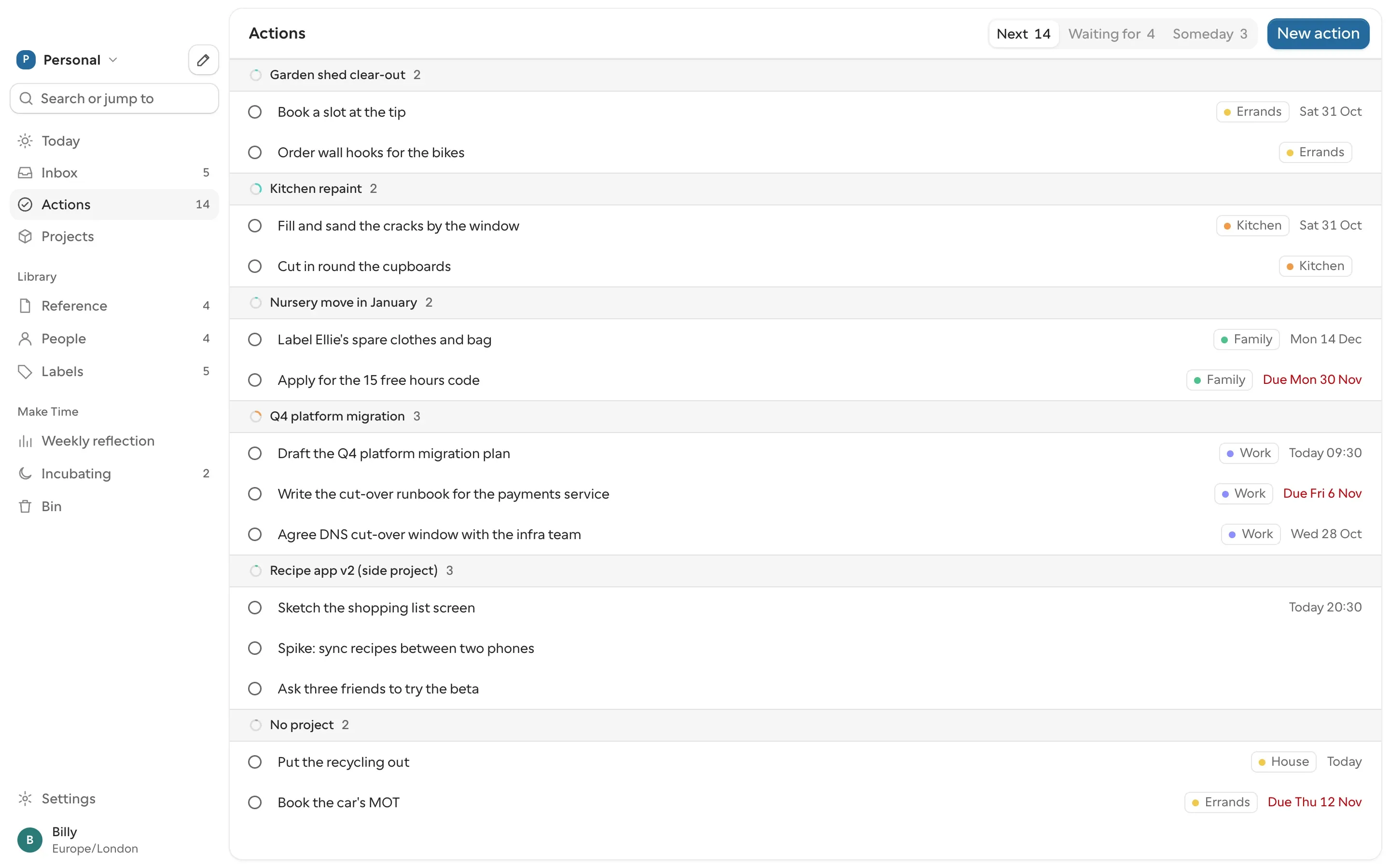 Still's Actions on a Mac: next actions grouped by project, from the kitchen repaint to the platform migration, each with its label and date. Tabs above switch to Waiting for and Someday.