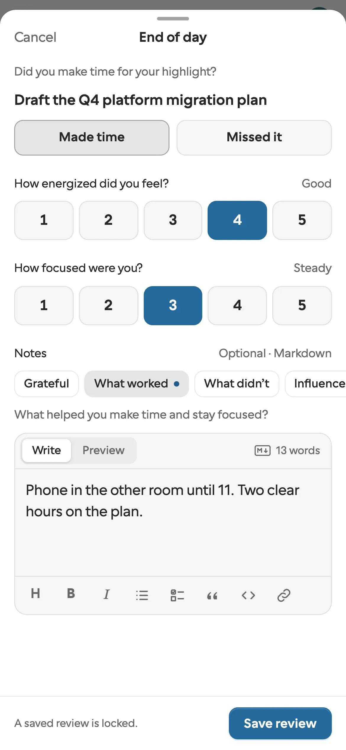 Still's end-of-day review on a phone: whether the Highlight happened, energy, focus and a short note.